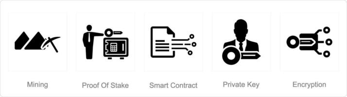 A set of 5 Blockchain icons as mining, proof of stake, smart contract vector