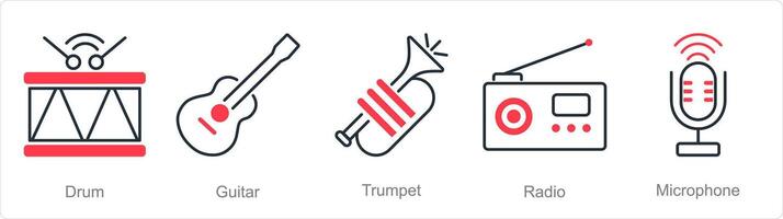 un conjunto de 5 5 música íconos como tambor, guitarra, trompeta vector