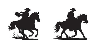 A vector silhouette of a set of cowboys riding horses isolated on a white background