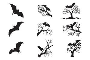 Set of Bats black vector silhouette. Bat in trees isolated white background