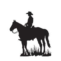 Cowboy on horse sitting holding lariat black vector silhouette illustration, grass, white background