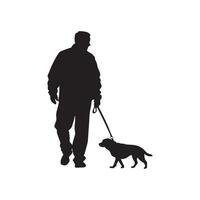 A vector silhouette of a man walking with his dog isolated on a white background