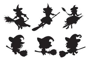 A vector set of Silhouette of witch flying on a broomstick isolated on a white background