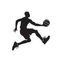 A vector silhouette of a basketball player playing basketball isolated on a white background