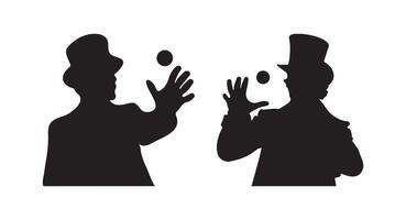 Magician man doing magic tricks black vector silhouette illustration white background