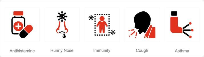 A set of 5 Allergy icons as antihistamine, runny nose, immunity vector