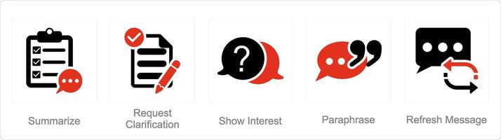 A set of 5 active listening icons as summarize, request clarification, show interest vector