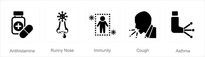 un conjunto de 5 5 alergia íconos como antihistamínico, líquido nariz, inmunidad vector