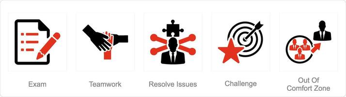 A set of 5 Challenge icons as exam, teamwork, resolve issues vector