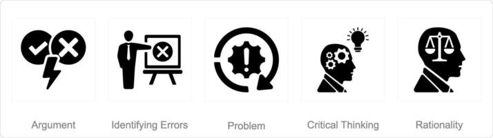 A set of 5 critical thinking icons as argument, identifying errors, problem vector