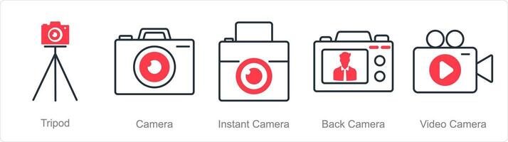 A set of 5 Photography icons as tripod, camera, instant camera vector