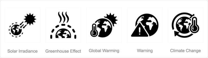 A set of 5 climate change icons as solar irradiance, greenhouse effect, global warming vector