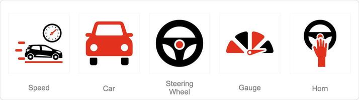 A set of 5 Car icons as speed, car, steering wheel vector