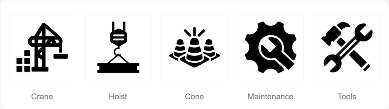 A set of 5 Build icons as crane, hoist, cone vector