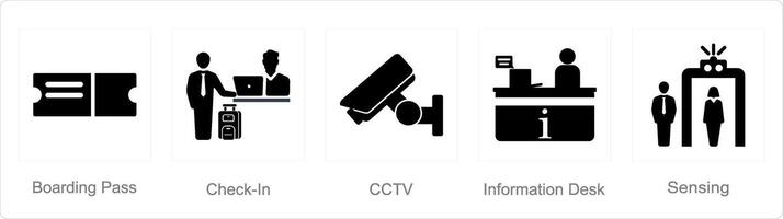 A set of 5 Airport icons as boarding pass, check in, cctv vector