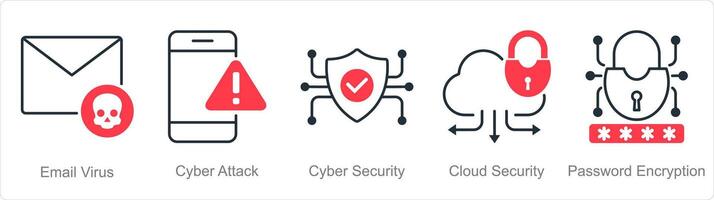 A set of 5 security icons as email virus, cyber attack, cybr security vector