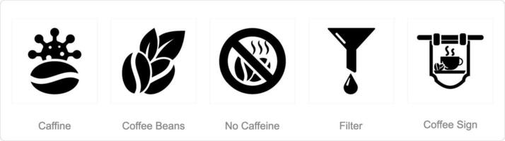 A set of 5 Coffee icons as caffiene, coffee beans, no caffiene vector