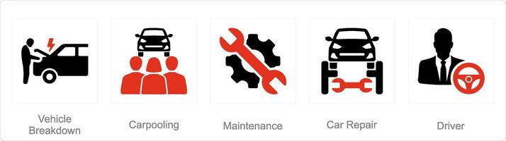 A set of 5 Car icons as vehicle breakdown, carpooling, maintenance vector