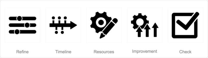 A set of 5 action plan icons as refine, timeline, resources vector