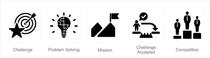 A set of 5 Challenge icons as challenge, problem solving, mission vector