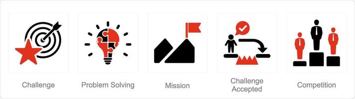 A set of 5 Challenge icons as challenge, problem solving, mission vector