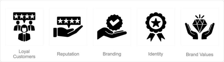 A set of 5 Branding icons as loyal customer, reputation, branding vector