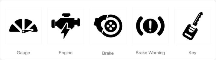 A set of 5 Car icons as gauge, engine, brake vector