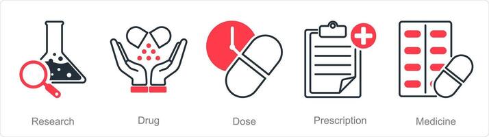 A set of 5 Pharmacy icons as research, drug, dose vector