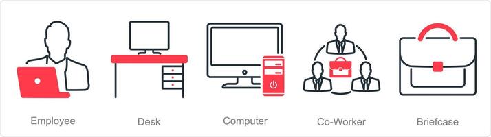 A set of 5 Office icons as employee, desk, computer vector