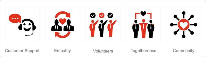 un conjunto de 5 5 caridad y donación íconos como cliente apoyo, empatía, voluntarios vector