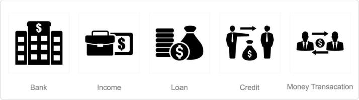 A set of 5 accounting icons as bank, income, loan vector