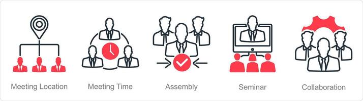 A set of 5 Meeting icons as meeting location, meeting time, assembly vector