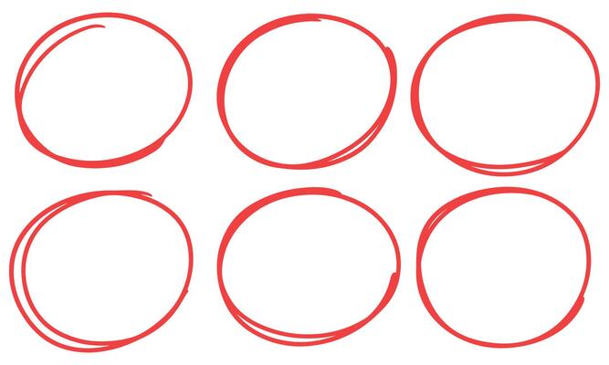 Drawn pen line oval set. Hand drawn marker stroke style doodle oval frame. Scribble round frame for text highlight. Vector illustration set.