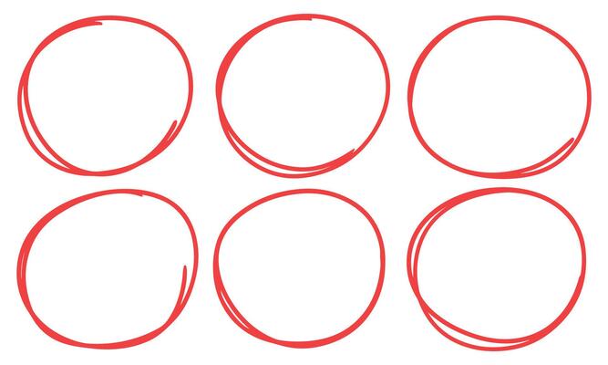 Drawn pen line oval set. Hand drawn marker stroke style doodle oval frame. Scribble round frame for text highlight. Vector illustration set.