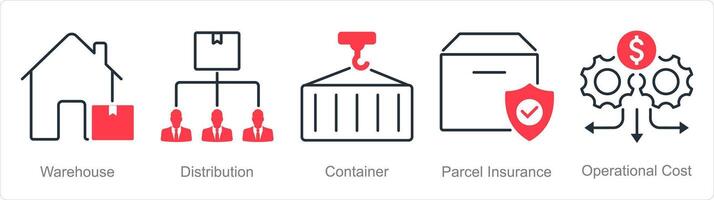 A set of 5 Logistics icons as warehouse, distribution, container, parcel insurance vector