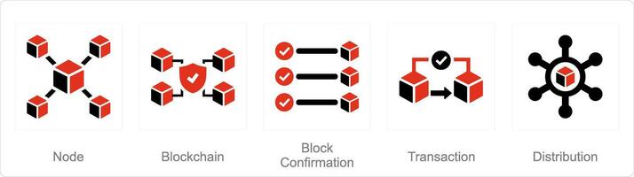 un conjunto de 5 5 blockchain íconos como nodo, cadena de bloques, bloquear confirmación vector