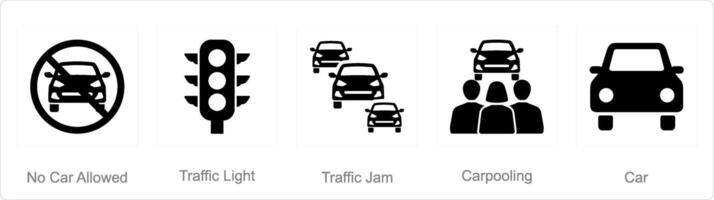 A set of 5 Car icons as no car allowed, traffic light, traffic jam vector