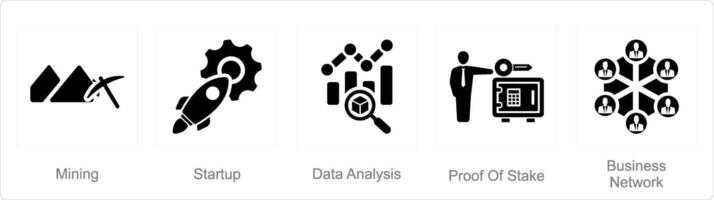 A set of 5 Blockchain icons as mining, startup, data analysis vector