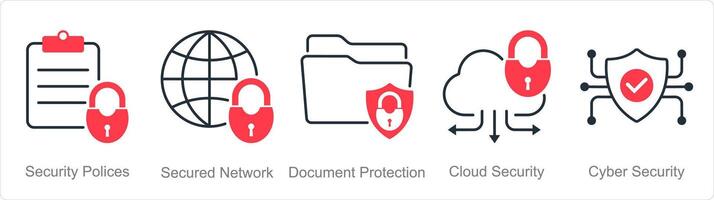 A set of 5 security icons as security policies, secured network, document protection vector