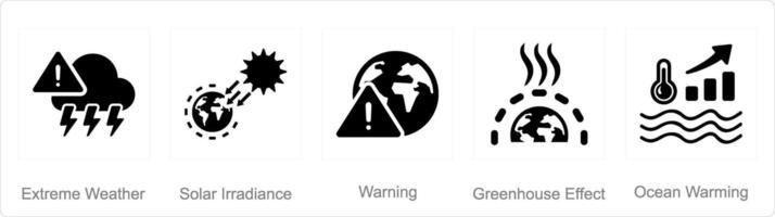 A set of 5 climate change icons as extreme weather, solar irradiance, warning vector