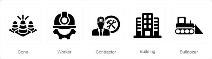 A set of 5 Build icons as cone, worker, contractor vector