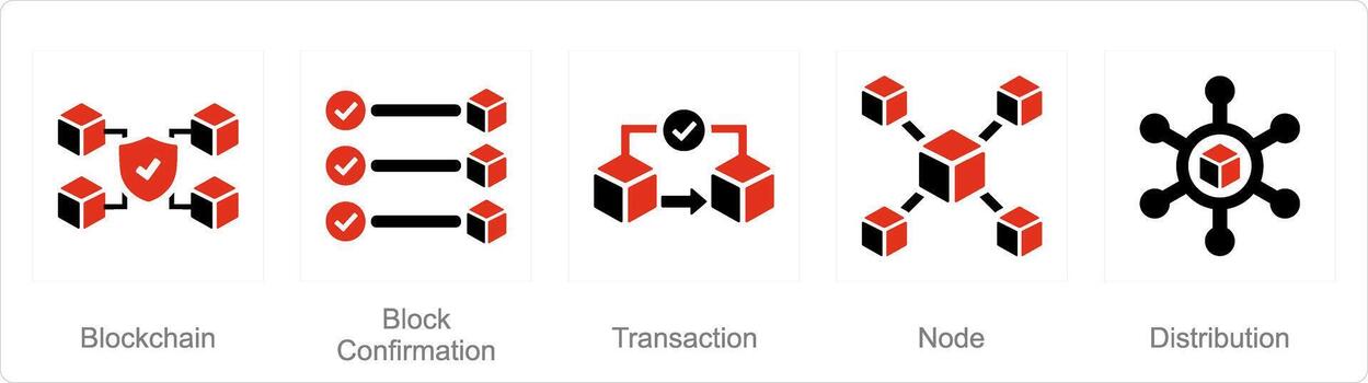 A set of 5 Blockchain icons as blockchain, block confirmation, transaction vector