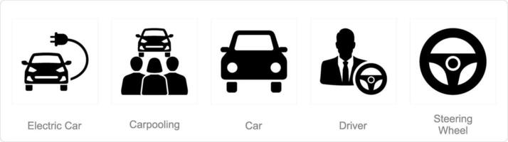 A set of 5 Car icons as electric car, carpooling, car vector