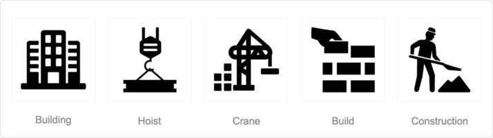 A set of 5 Build icons as building, hoist, crane vector