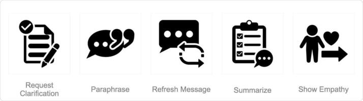 A set of 5 active listening icons as request clarification, paraphrase, refresh message vector