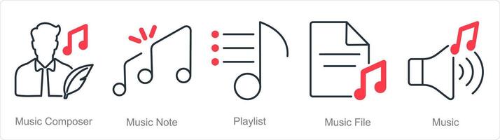 A set of 5 Music icons as music composer, music note, playlist vector