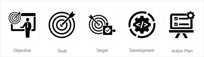 A set of 5 action plan icons as objective, goal, target vector