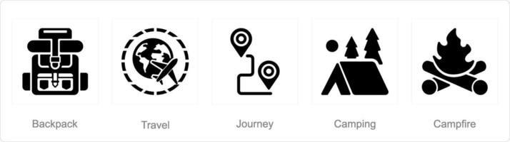 A set of 5 Adventure icons as backpack, travel, journey vector