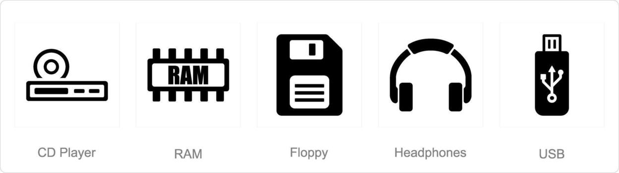 A set of 5 computerparts icons as cd player, ram, floppy vector