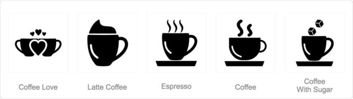 A set of 5 Coffee icons as coffee love, latte coffee, espresso vector